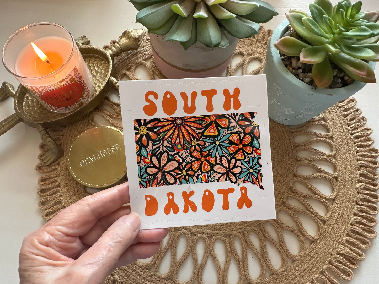 South Dakota State Sticker | Vinyl Artist Designed Illustration Featuring South Dakota State Filled With Retro Flowers with Retro Hand-Lettering Die-Cut Stickers