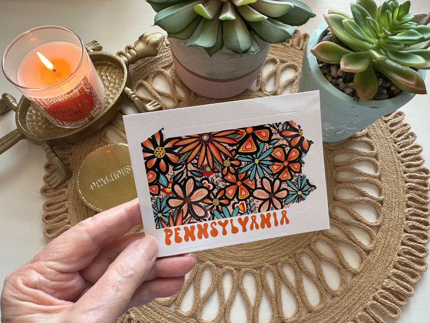 Pennsylvania State Sticker | Vinyl Artist Designed Illustration Featuring Pennsylvania State Filled With Retro Flowers with Retro Hand-Lettering Die-Cut Stickers