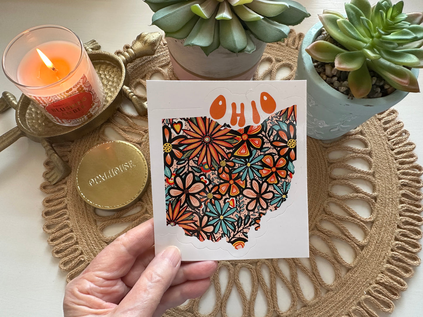Ohio State Sticker | Vinyl Artist Designed Illustration Featuring Ohio State Outline Filled With Retro Flowers with Retro Hand-Lettering Die-Cut Stickers