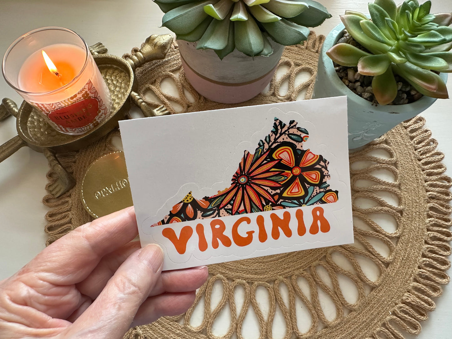 Virginia State Sticker | Vinyl Artist Designed Illustration Featuring Virginia State Filled With Retro Flowers with Retro Hand-Lettering Die-Cut Stickers