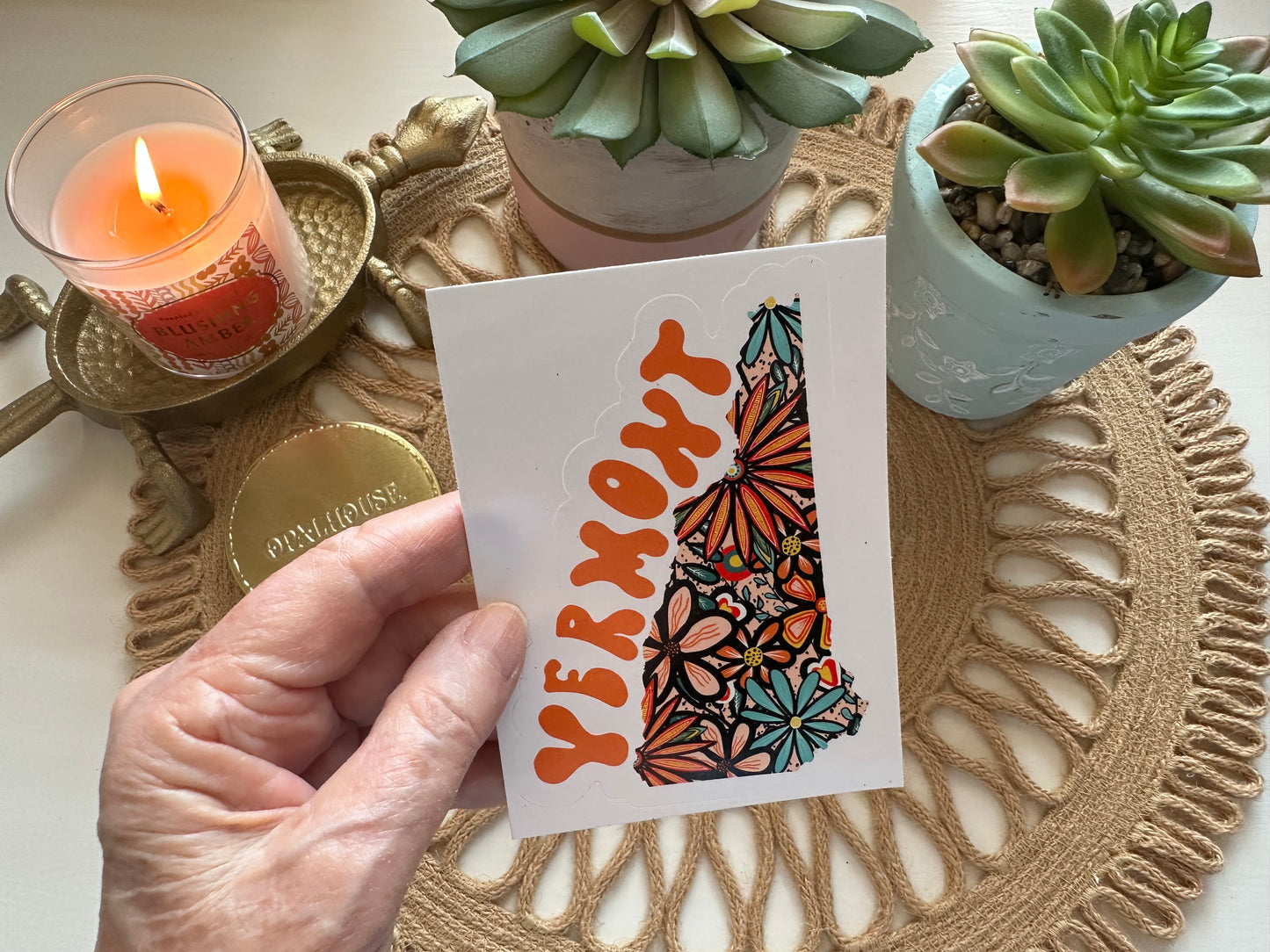 Vermont State Sticker | Vinyl Artist Designed Illustration Featuring Vermont State Filled With Retro Flowers with Retro Hand-Lettering Die-Cut Stickers