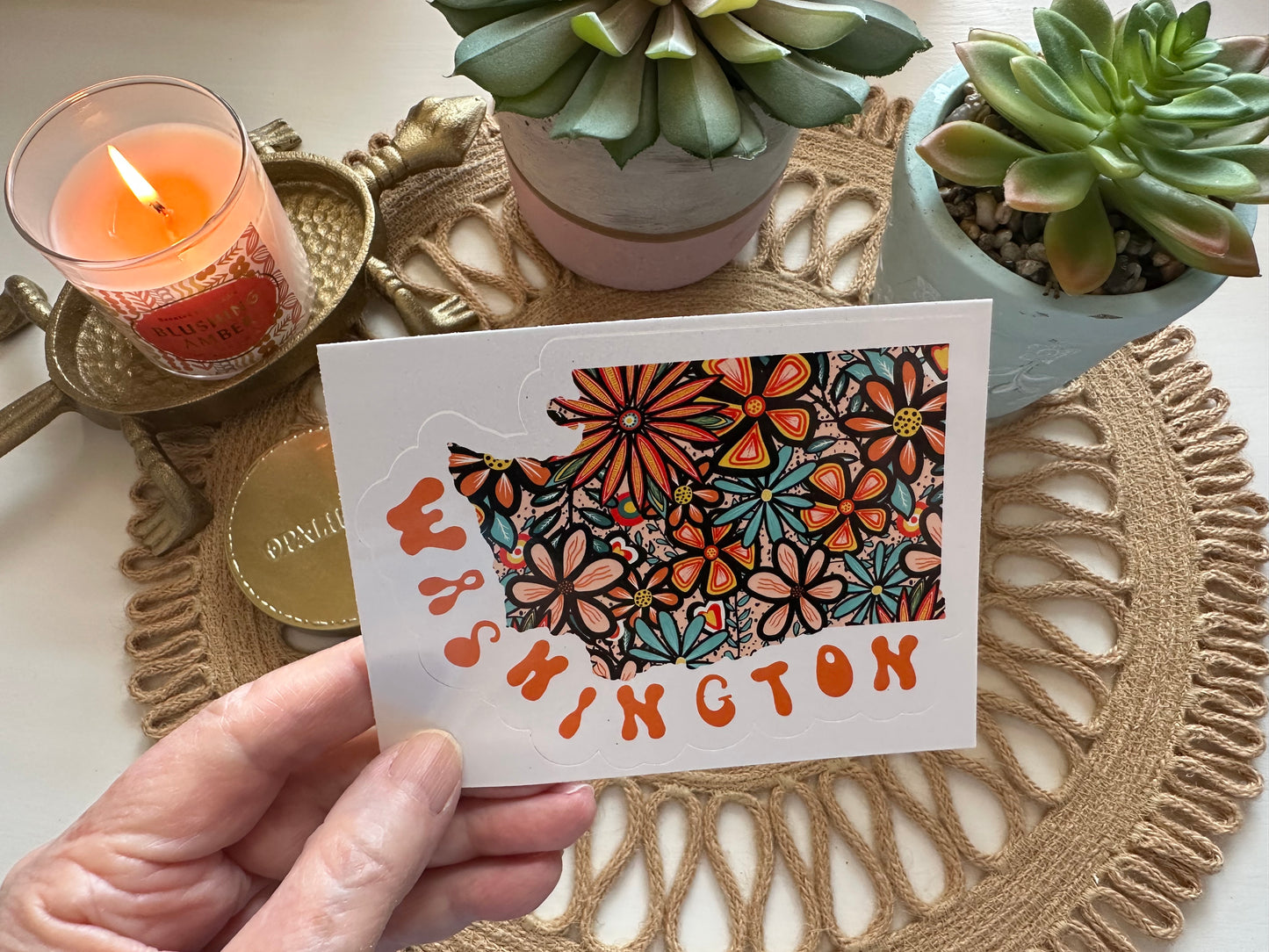 Washington State Sticker | Vinyl Artist Designed Illustration Featuring Washington State Filled With Retro Flowers with Retro Hand-Lettering Die-Cut Stickers
