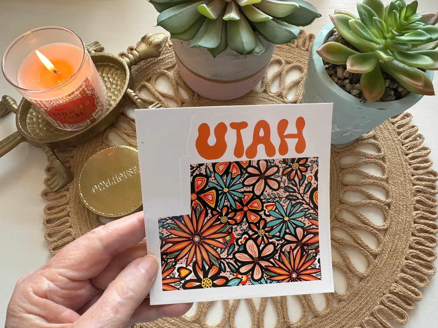 Utah State Sticker | Vinyl Artist Designed Illustration Featuring Utah State Filled With Retro Flowers with Retro Hand-Lettering Die-Cut Stickers