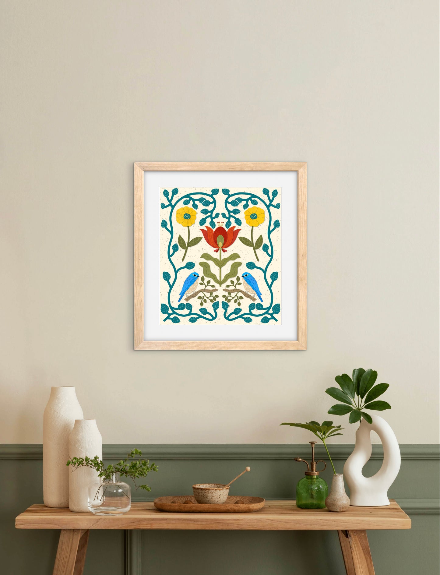 Scandi Birds and Flowers — Premium Matte Paper Wooden Framed Poster