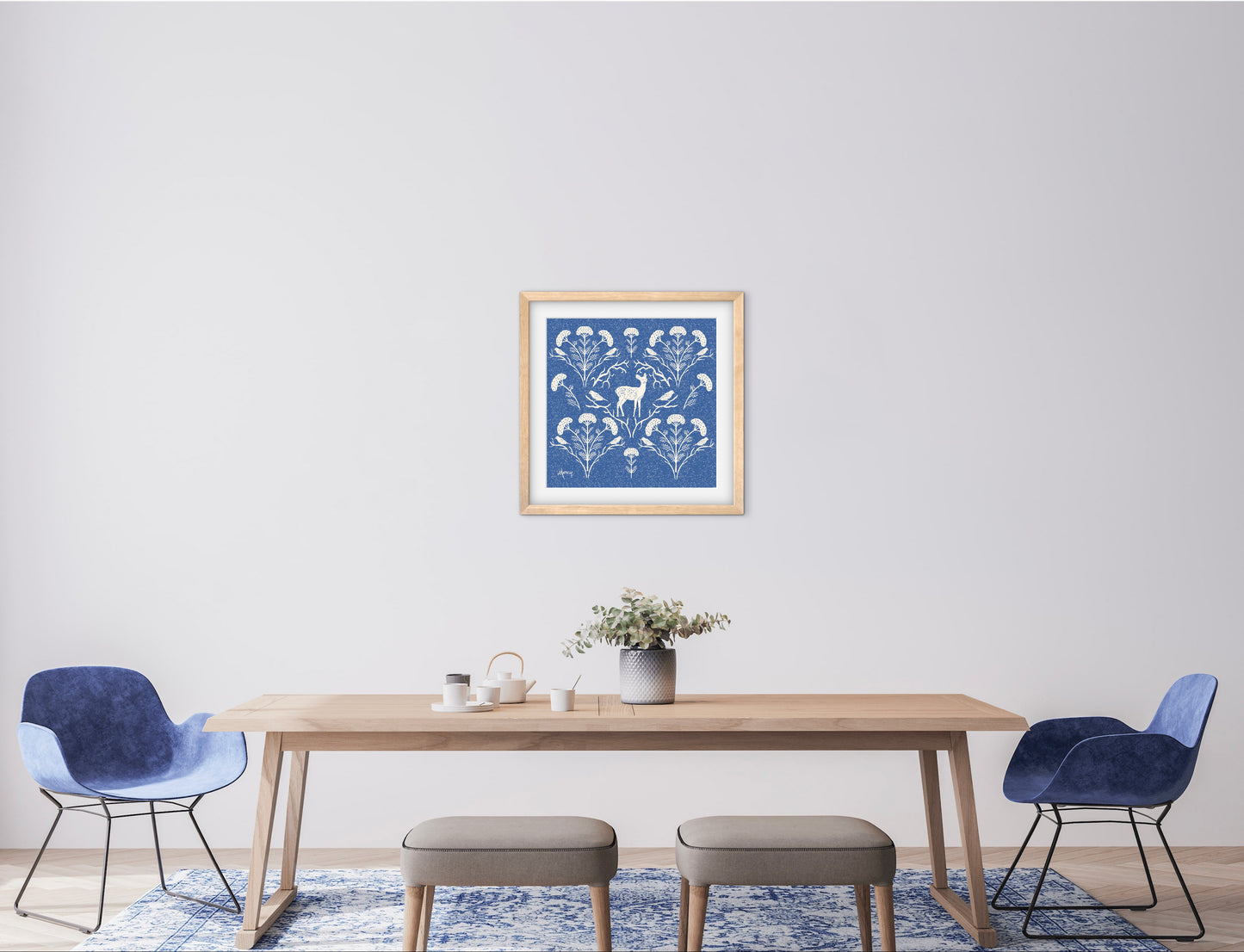 Appalachian Yarrow, Deer and Goldfinches — Premium Matte Paper Wooden Framed Poster