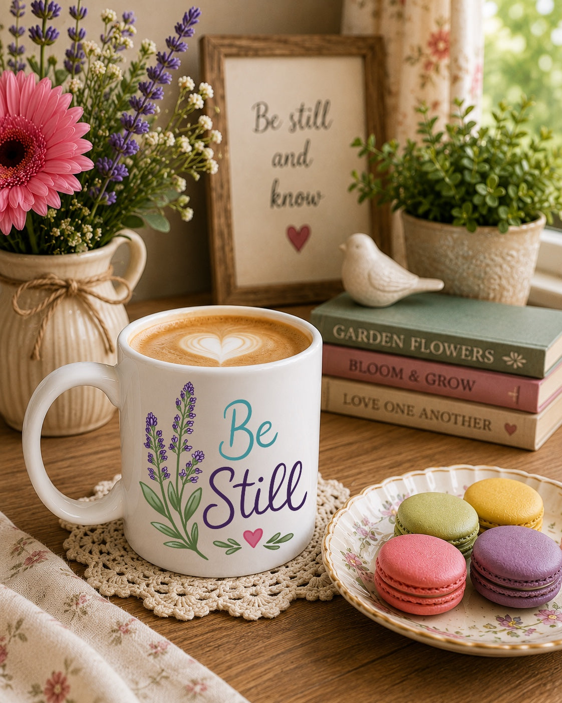 Be Still Ceramic Mug — Lavender Floral Inspirational Coffee Cup (11oz, 15oz)