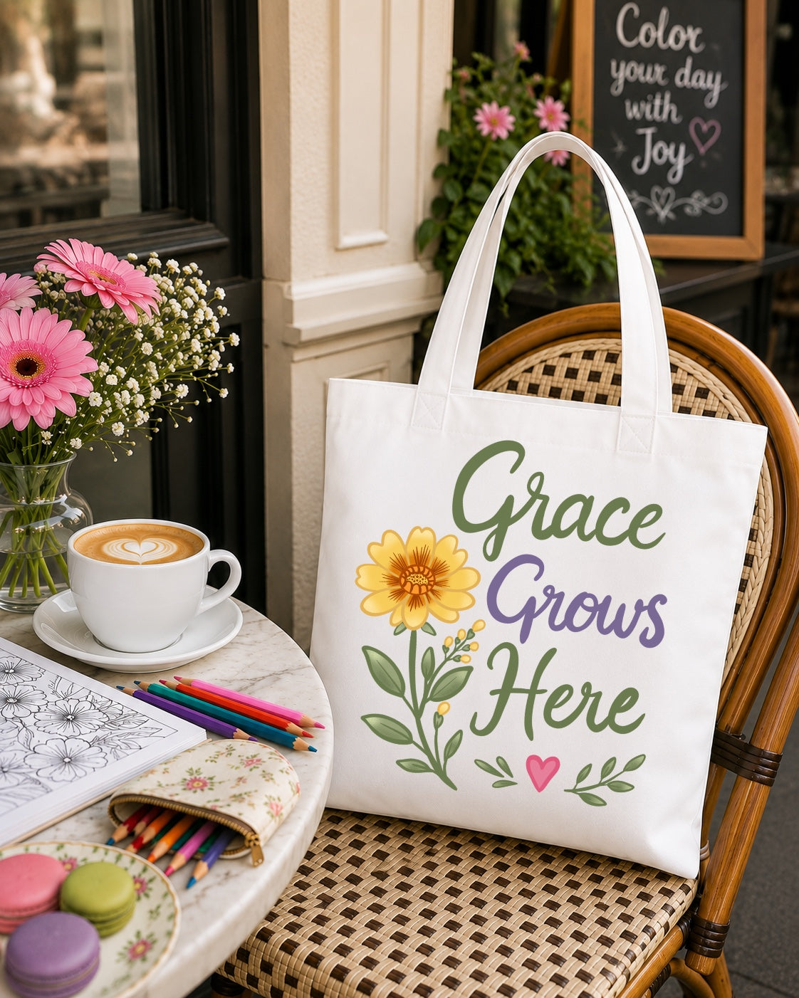 Grace Grows Here Tote - Floral Inspirational Canvas Bag