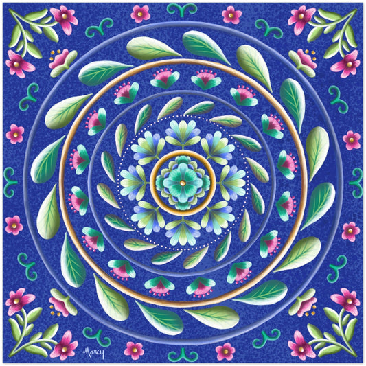 Painterly Mandala with Pink Flowers, Greenery and Textured Royal Blue Background Aluminum Print