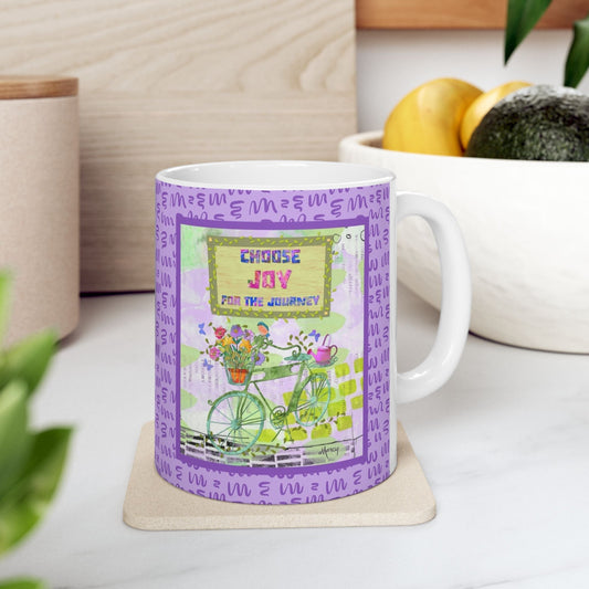 Choose joy bicycle collage on ceramic mug