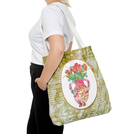 Flowers in a vintage face collage tote bag