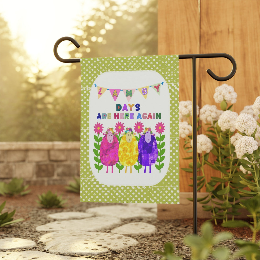 Lamby days are here again collage on garden banner