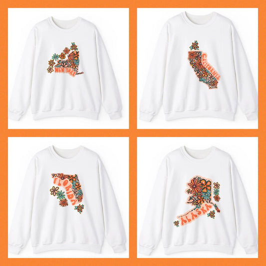 🌼🌻Groovy New Collection: Retro 70s Flower Power Sweatshirts Featuring All 50 States🌻🌼