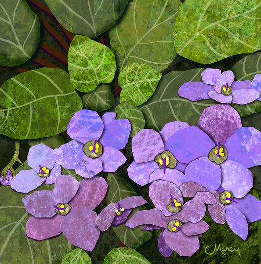 Captivating Beauty: Close-Up of African Violets Digital Painted Paper Collage Illustration on Gallery Wrapped Stretched Canvas