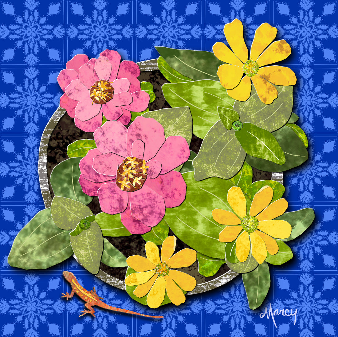 Pot of Pink and Yellow Zinnias | Digital Painted Paper Collage