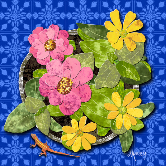 Pot of Pink and Yellow Zinnias | Digital Painted Paper Collage