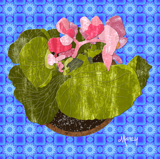 Potted pink begonias, digital painted paper collage