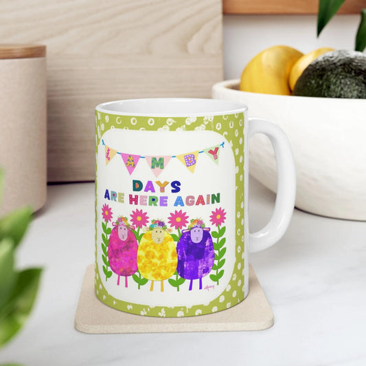 Lamby days are here again collage ceramic mug
