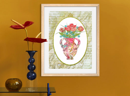 Flowers in vintage vase collage framed print