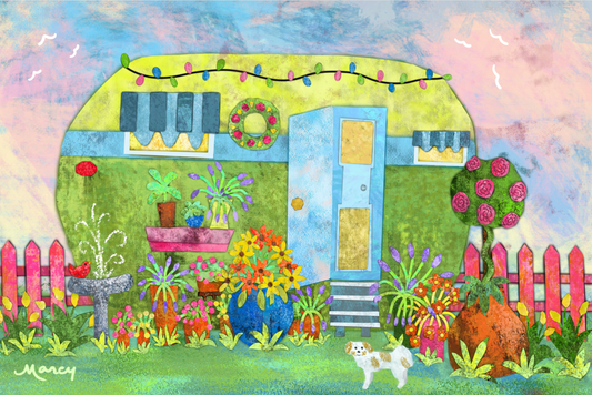 Vintage Dream Camper in the Garden Digital Painted Paper Collage on Premium Matte Paper Wooden Framed Poster