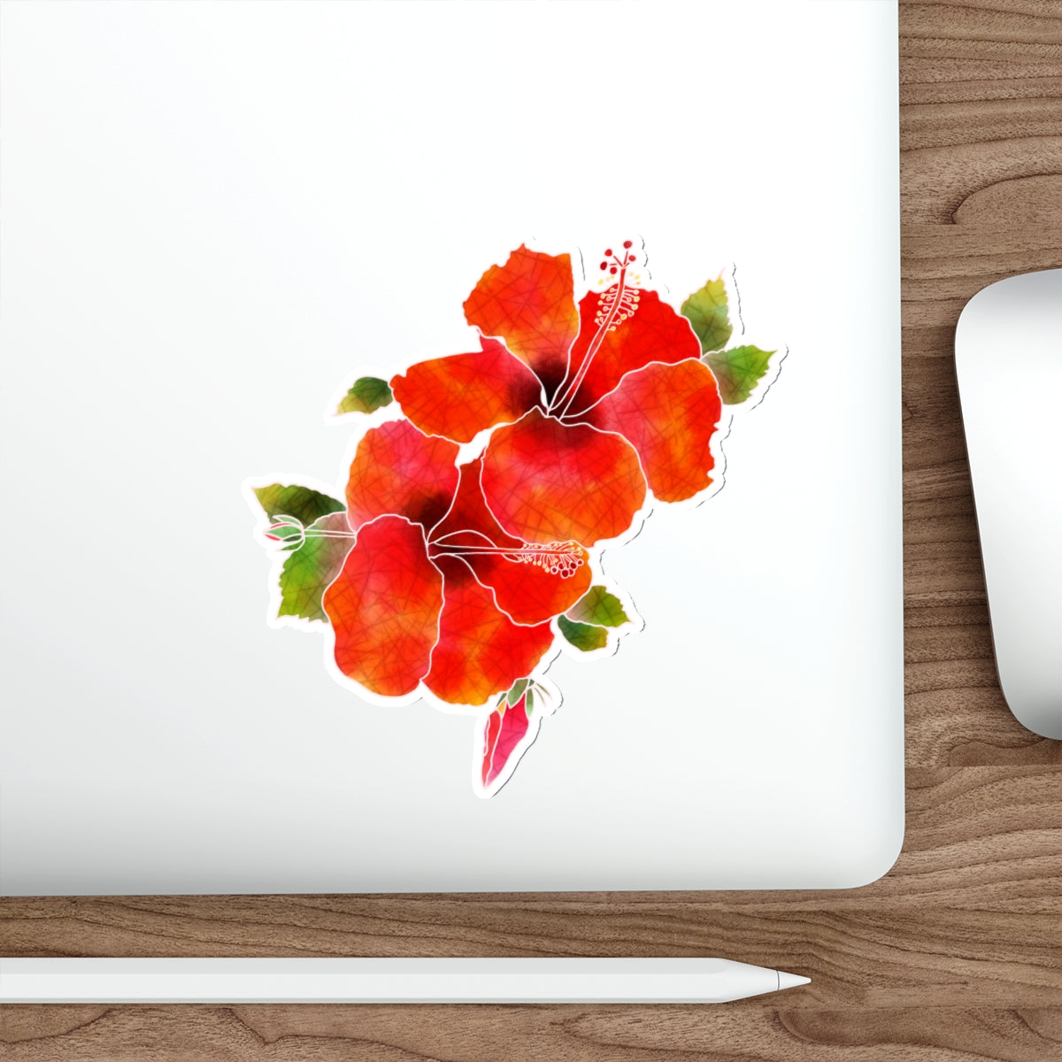 Red Hibiscus with Bude and Leaves Die-Cut Stickers