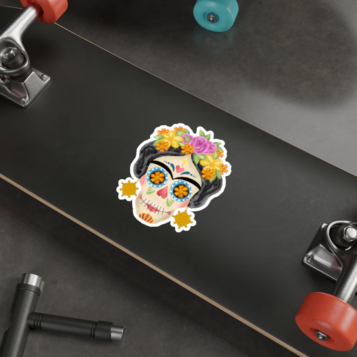 Frida Sugar Skull with Gold Earrings Die-Cut Stickers