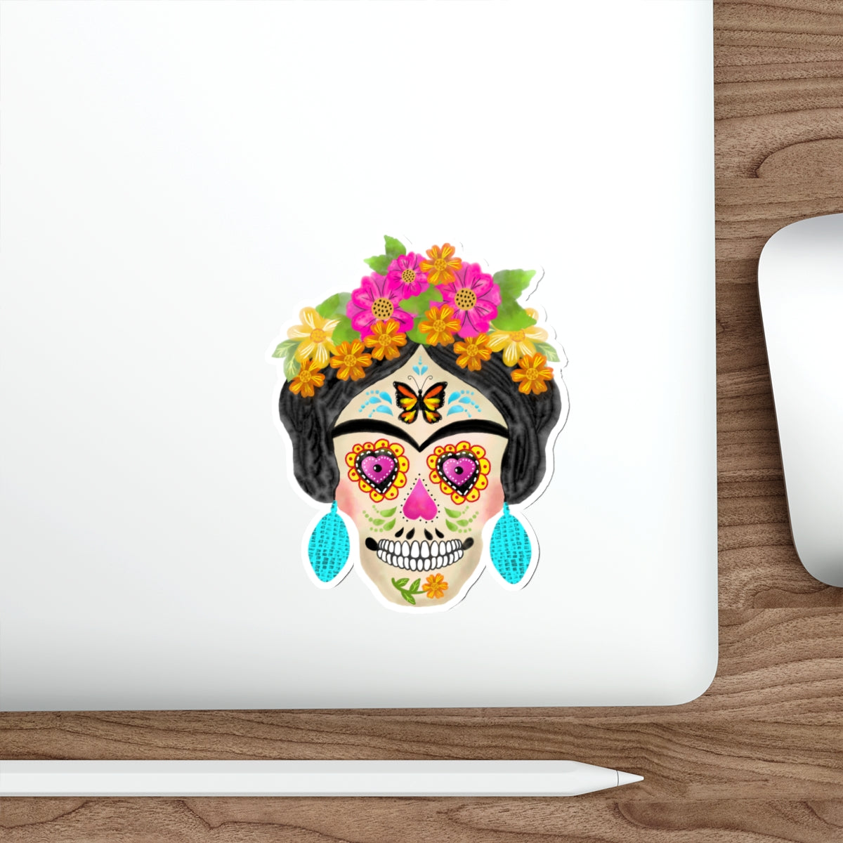 Frida Sugar Skull with Turquoise Earrings Die-Cut Stickers