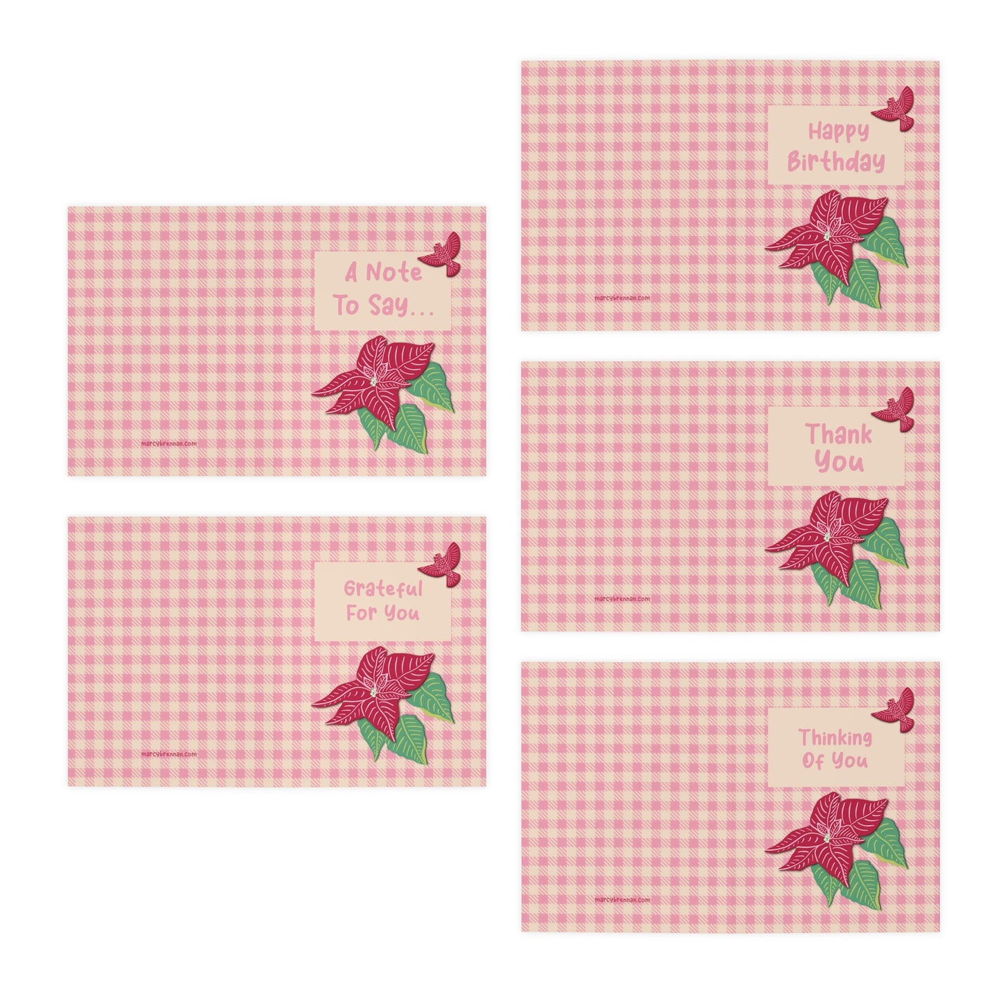 Pink Poinsettia on Pink Plaid Multi-Occasion Multi-Design Greeting Cards (5-Pack) - FREE SHIPPING