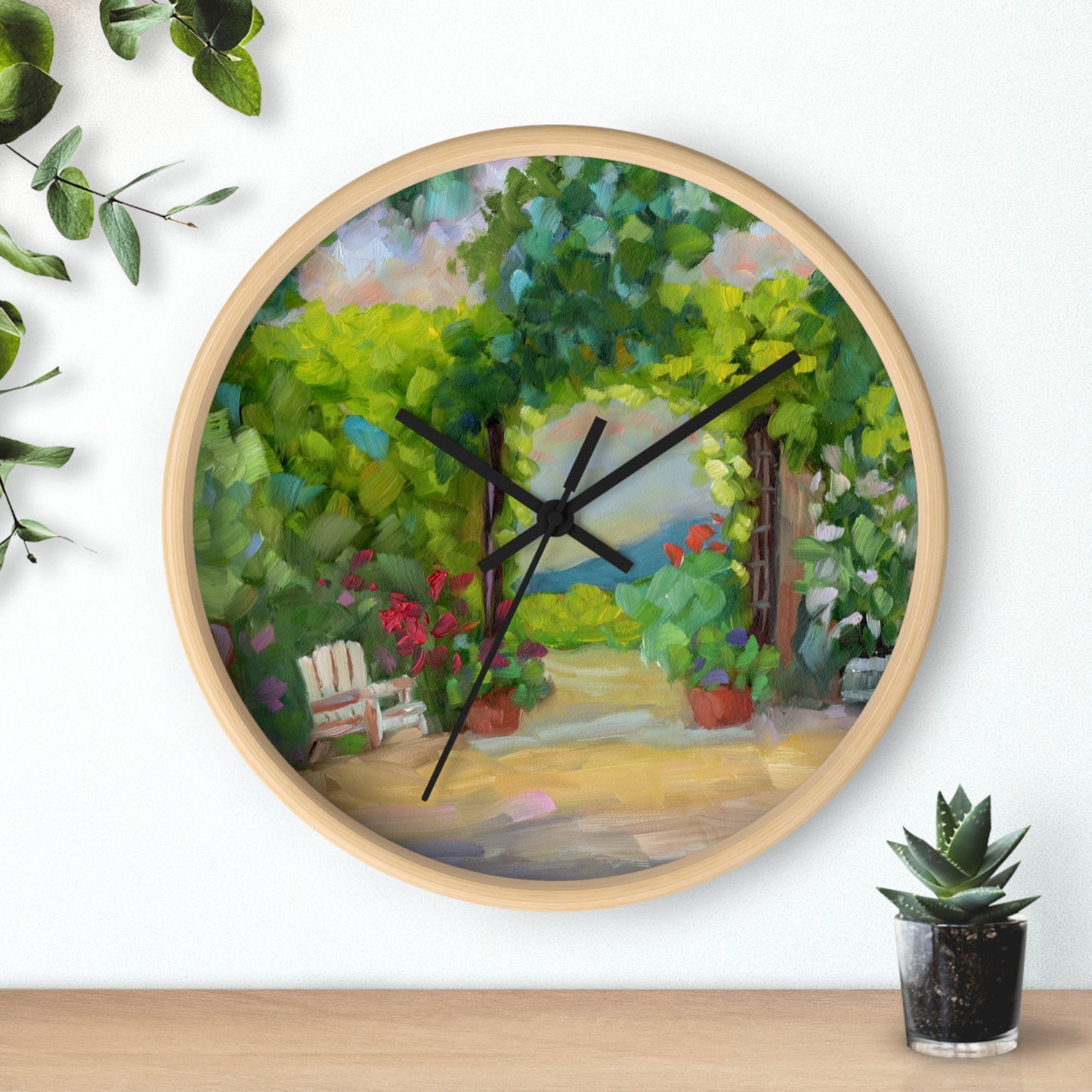 Garden Path Wall Clock — Peaceful Floral Patio Scene Decorative Clock