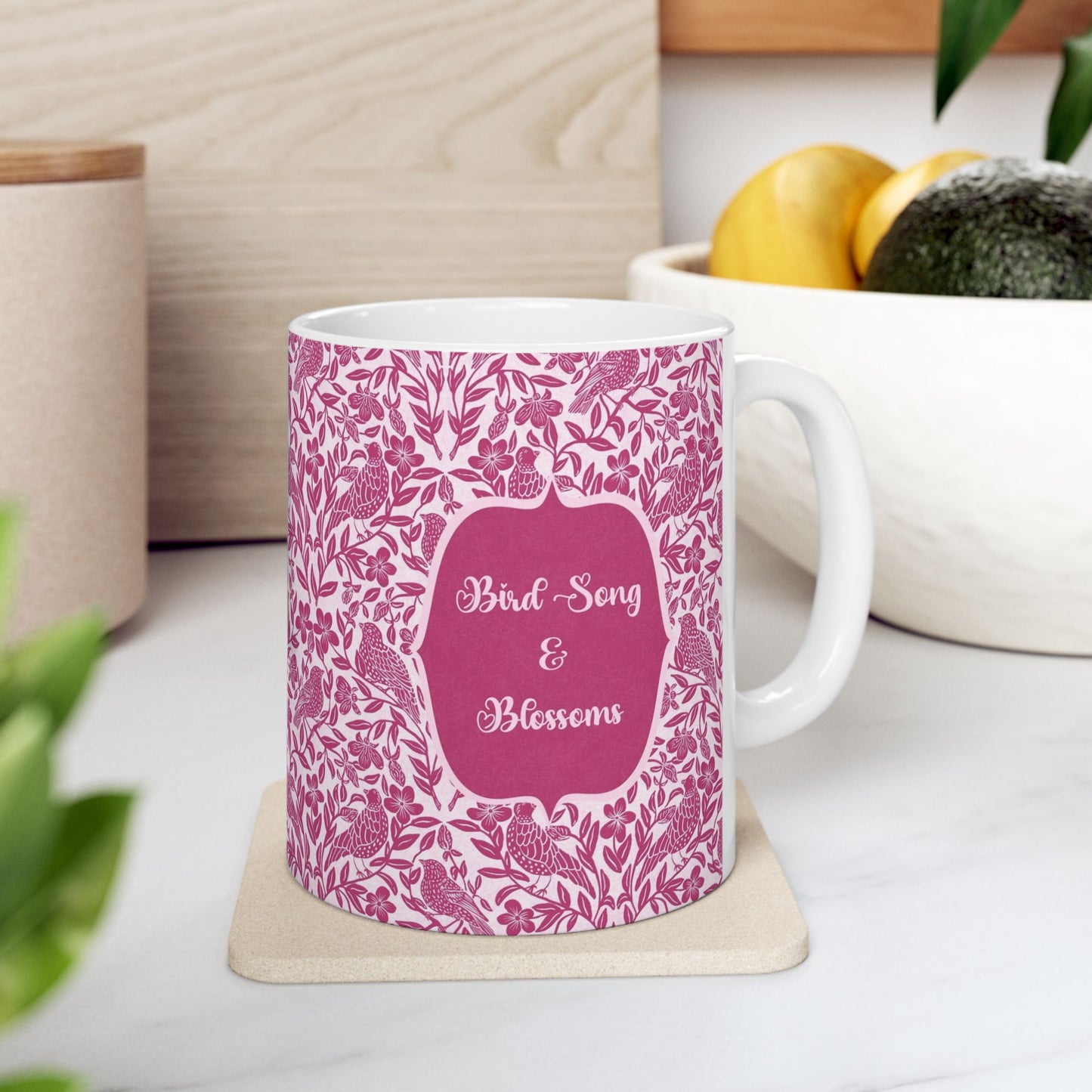 Bird Song & Blossoms Ceramic Mug — Botanical Coffee Tea Cup (11oz, 15oz)