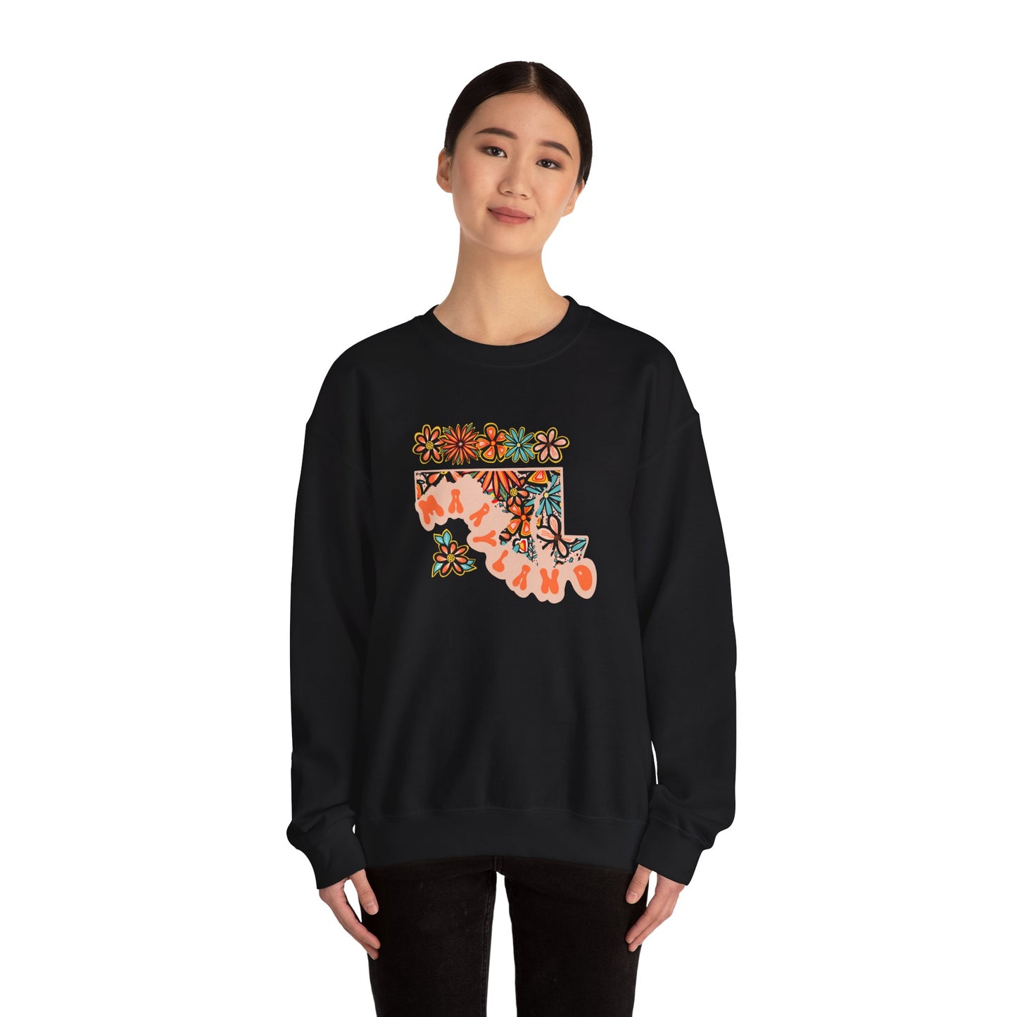 Retro 70s Flowers Maryland State Design — Heavy Blend™ Crewneck Sweatshirt