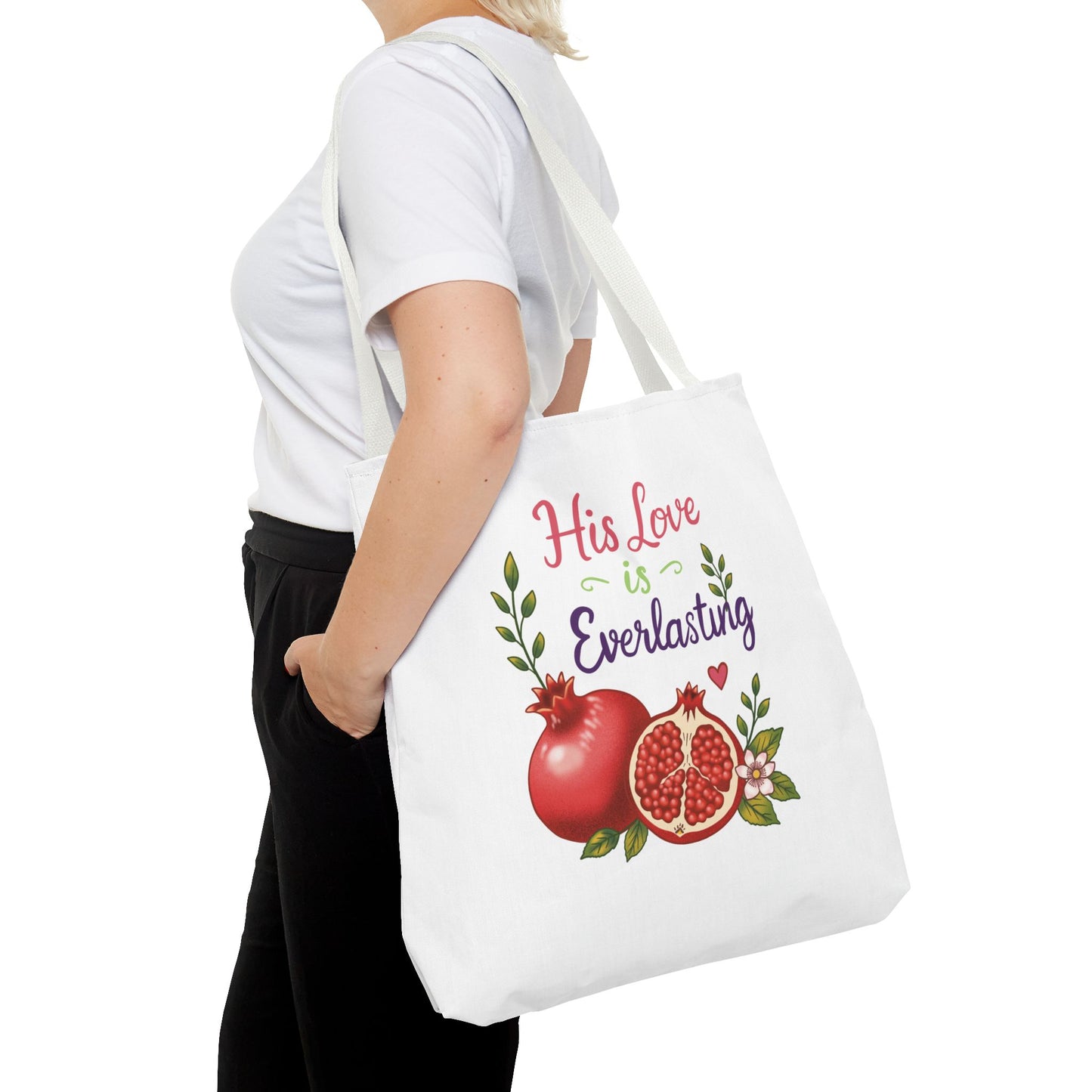 His Love Is Everlasting Pomegranate Tote Bag — Christian Floral Grocery Tote