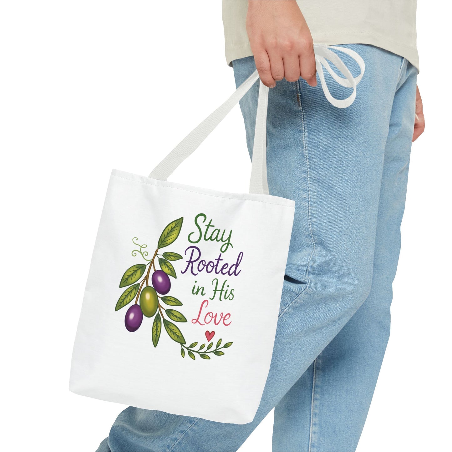 Stay Rooted in His Love Tote Bag — Faith-Based Olive Branch Canvas Tote