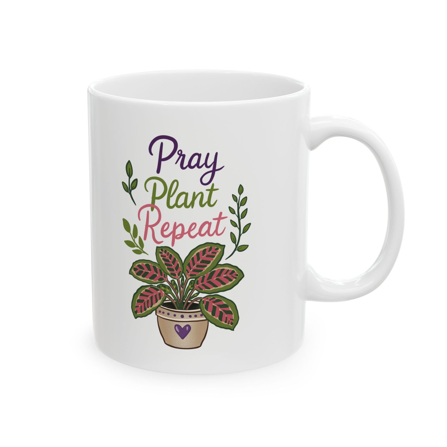Inspirational Floral Ceramic Mug — "Pray Plant Repeat" Coffee Cup (11oz & 15oz)