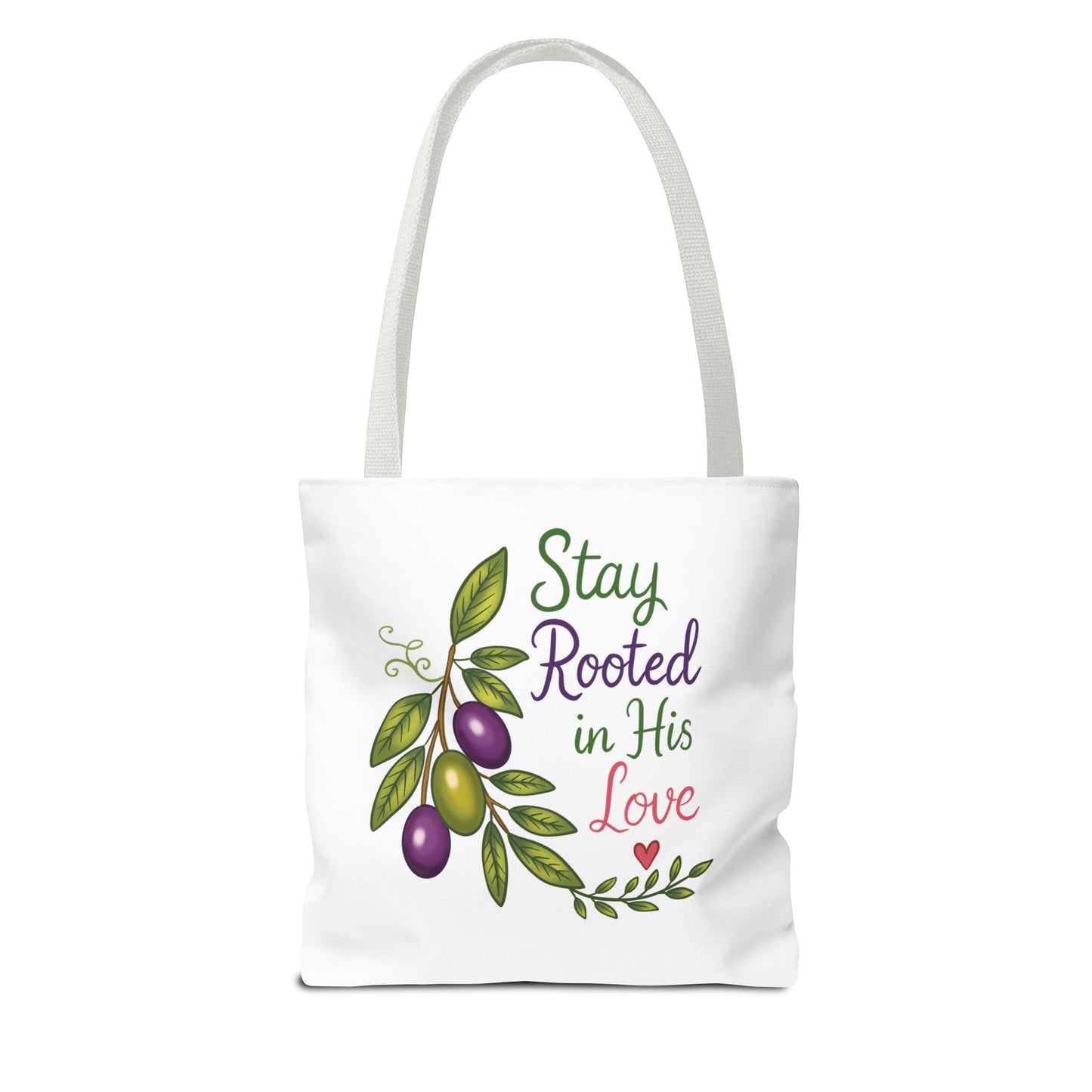 Stay Rooted in His Love Tote Bag — Faith-Based Olive Branch Canvas Tote
