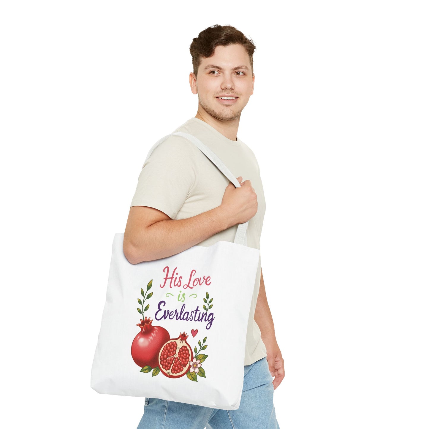 His Love Is Everlasting Pomegranate Tote Bag — Christian Floral Grocery Tote