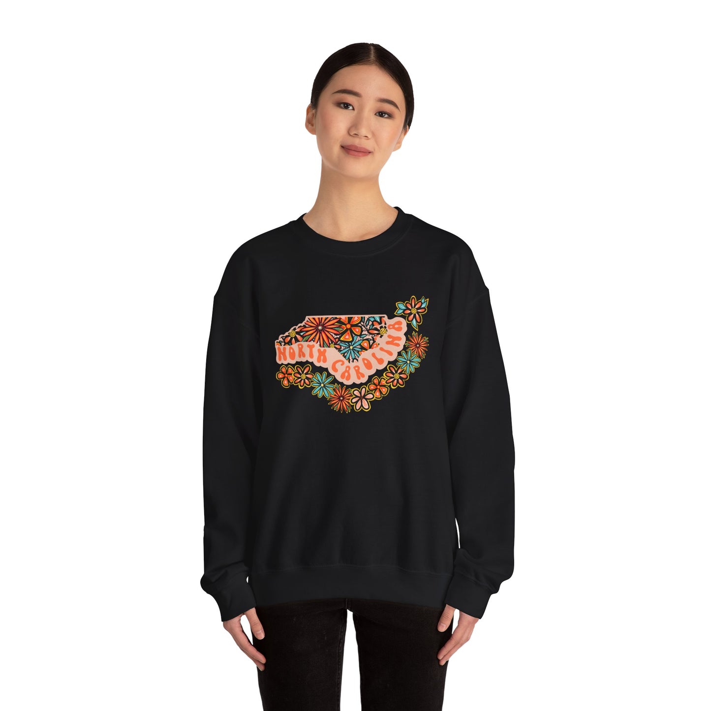 Retro 70s Flowers North Carolina State Design — Heavy Blend™ Crewneck Sweatshirt