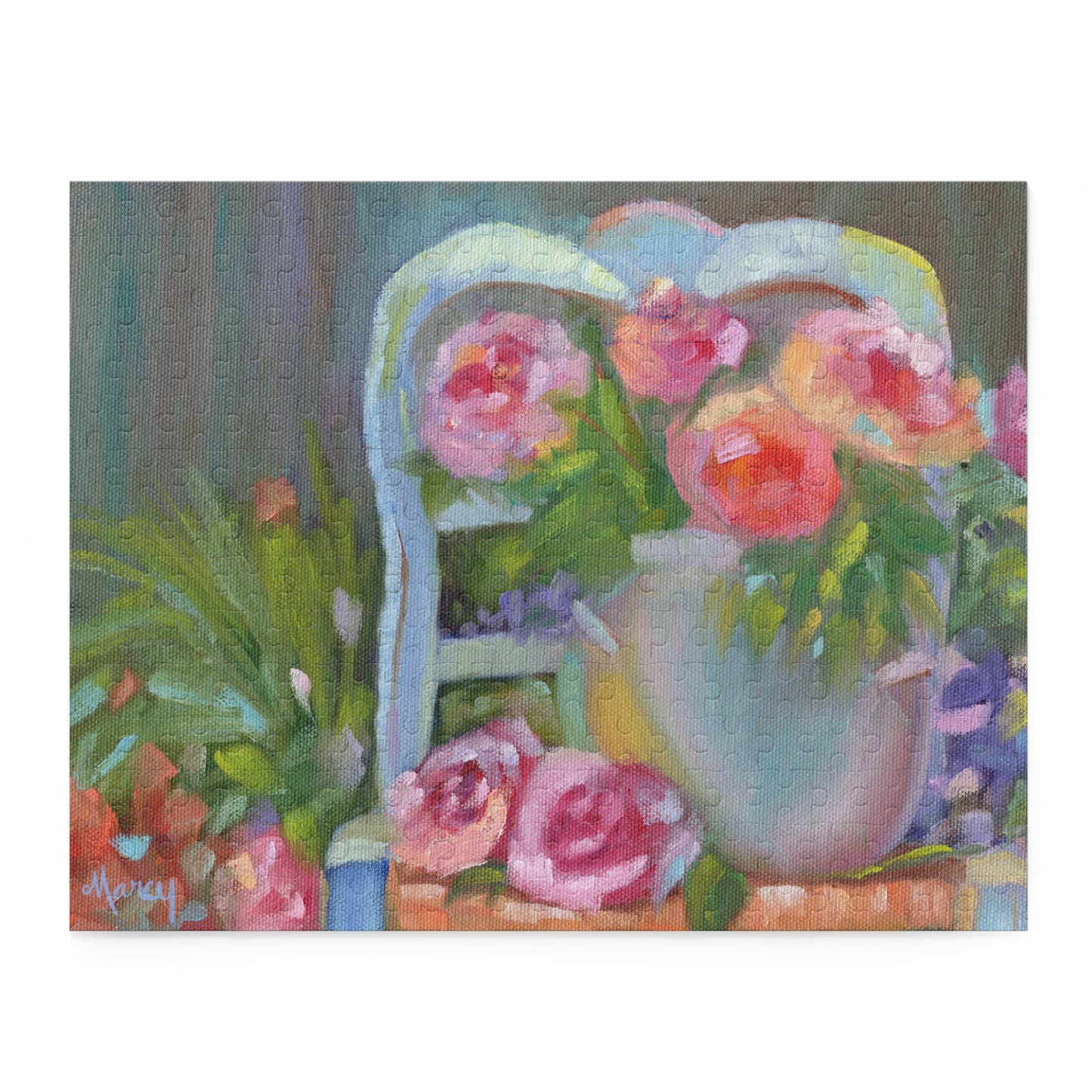 Pink Roses in Blue Crockery on French Chair Puzzle (120, 252, 500-Piece)