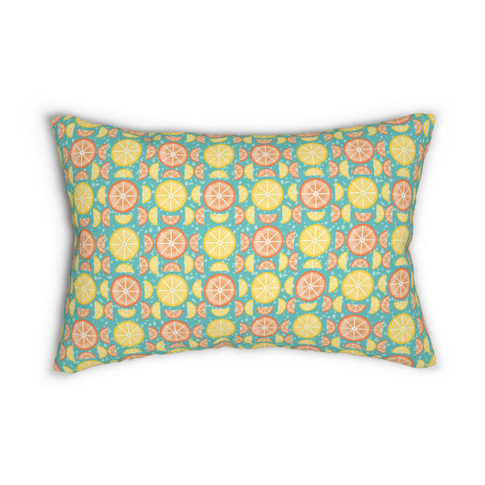 Citrus Slices Lumbar Pillow: Vibrant Orange and Lemon Design on Turquoise Background