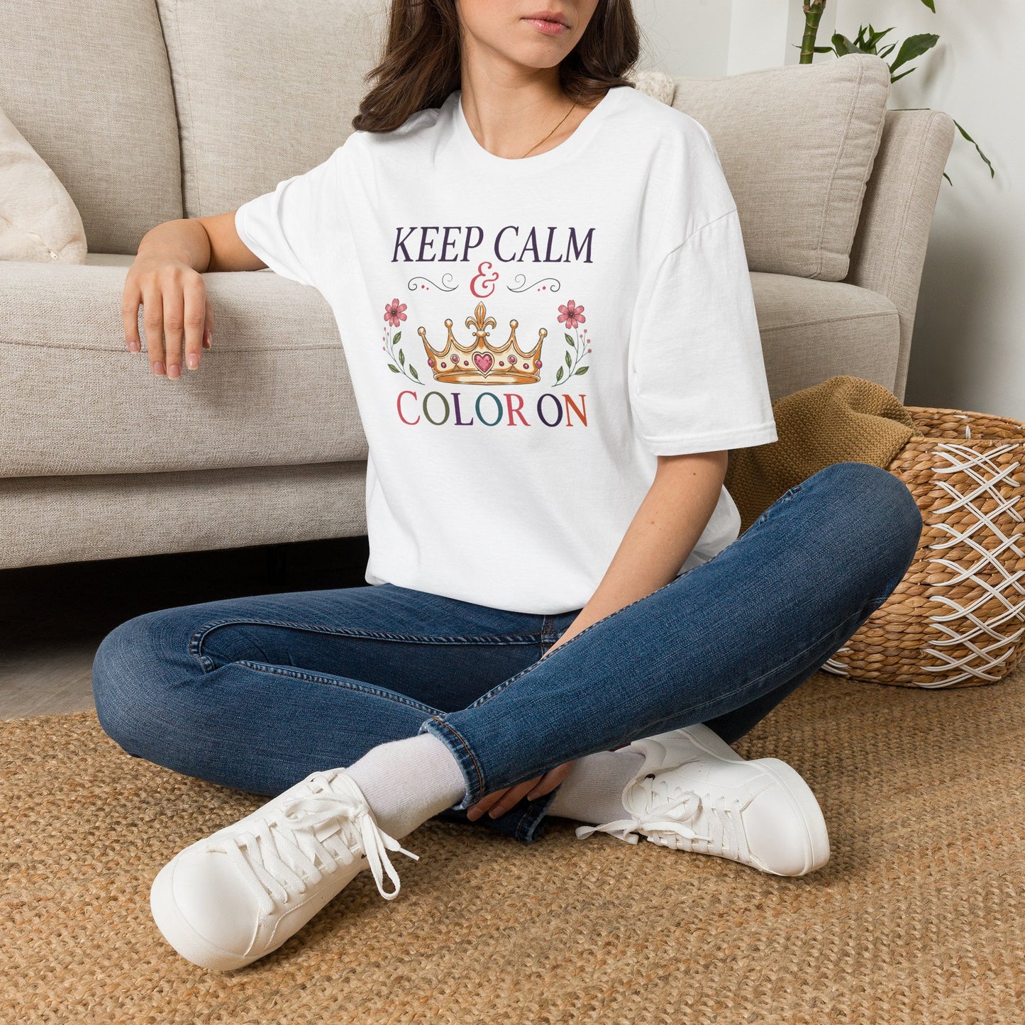 Keep Calm & Color On T-Shirt — Floral Crown Coloring Therapy Tee