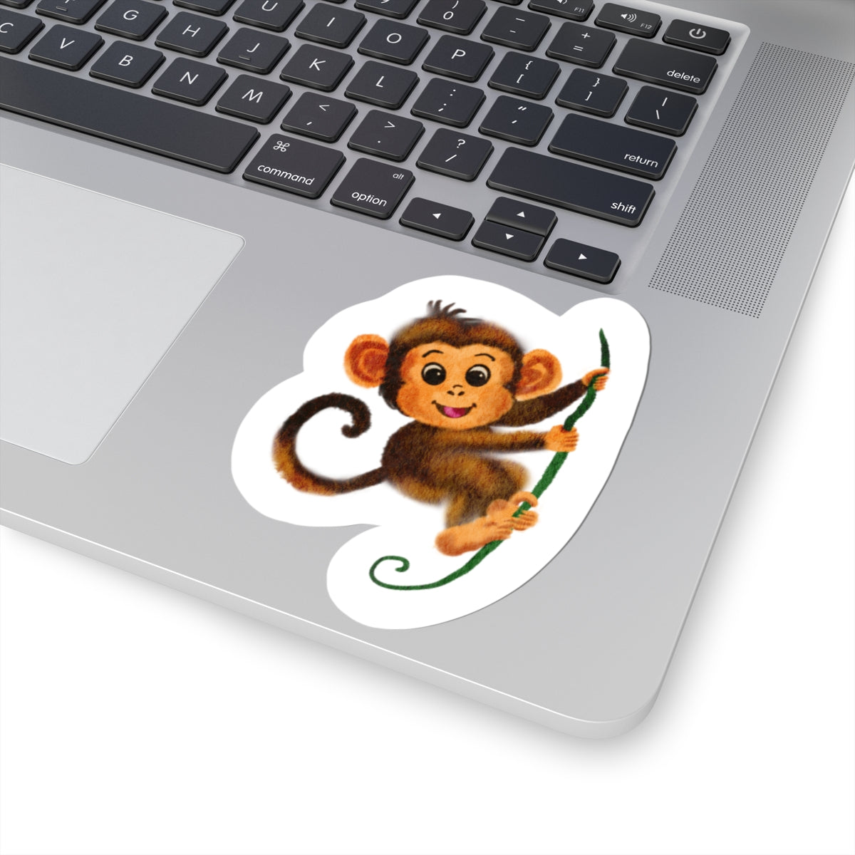 Cute Baby Monkey Kiss-Cut Sticker — Playful Hanging Monkey Vinyl Decal