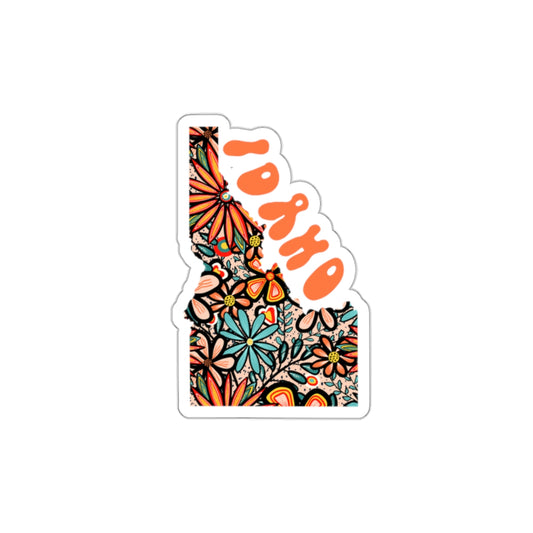 Idaho State Sticker | Vinyl Artist Designed Illustration Featuring Idaho State Outline Filled With Retro Flowers with Retro Hand-Lettering Die-Cut Stickers