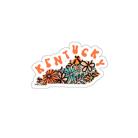 Kentucky State Sticker | Vinyl Artist Designed Illustration Featuring Kentucky State Outline Filled With Retro Flowers with Retro Hand-Lettering Die-Cut Stickers