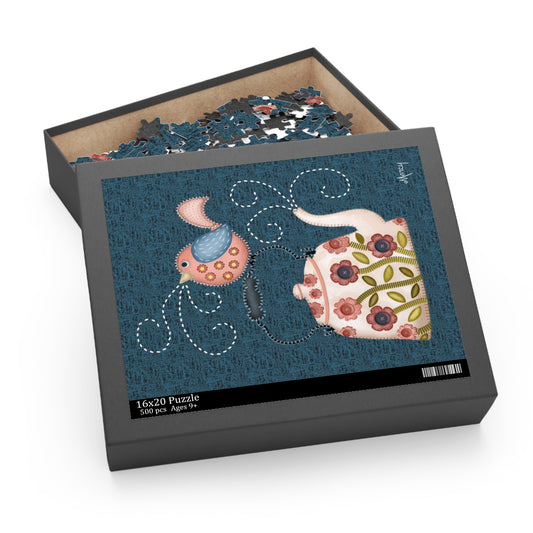 Folk art stitched Felt appliqué teapot and bird Puzzle (120, 252, 500-Piece)