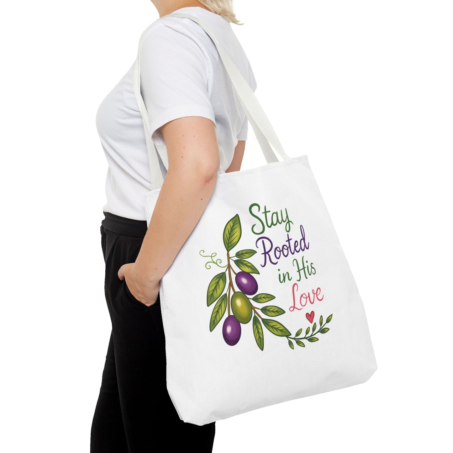 Stay Rooted in His Love Tote Bag — Faith-Based Olive Branch Canvas Tote