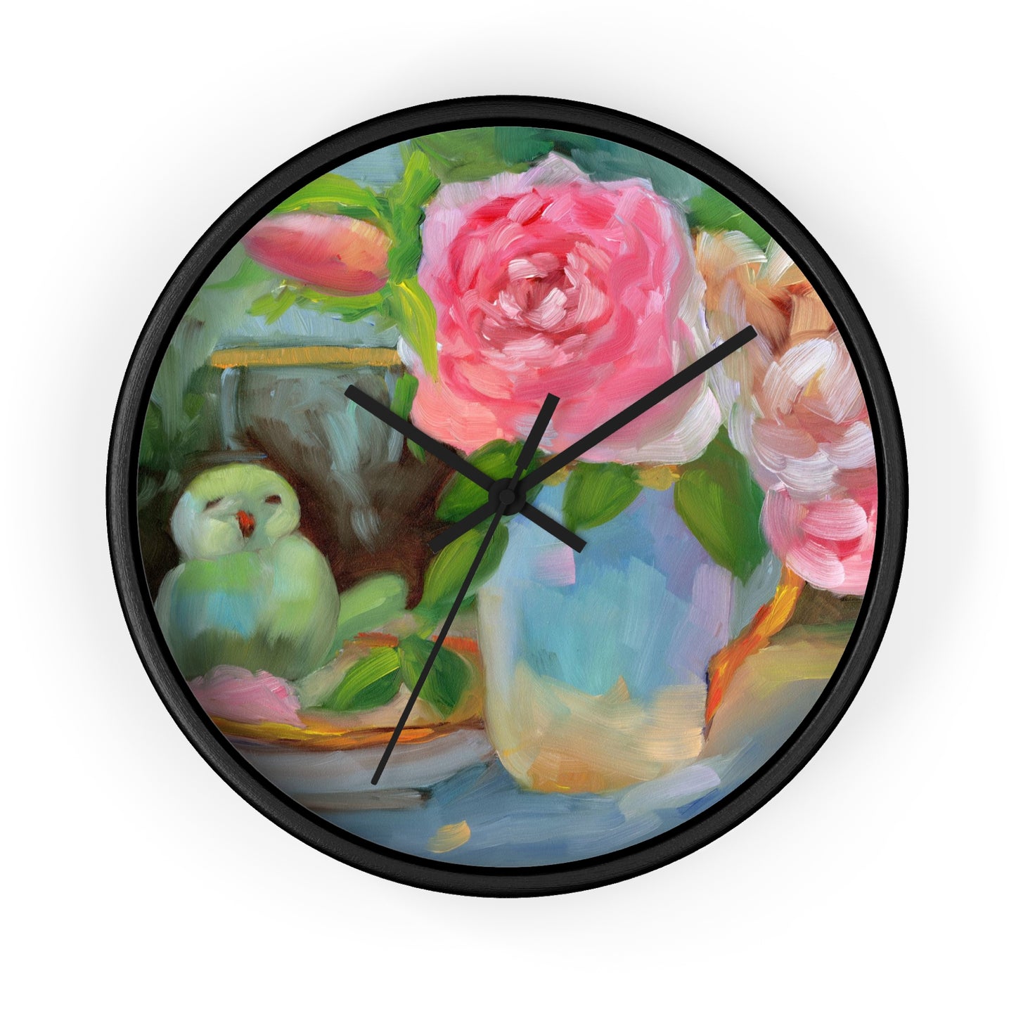 Floral Parrot Wall Clock — Pink Roses & Bird Still Life Home Decor