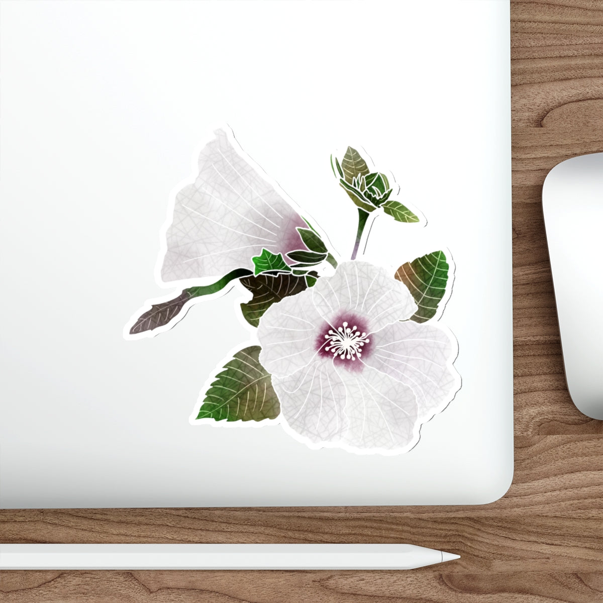 Two White Hibiscus with Leaves Die-Cut Stickers