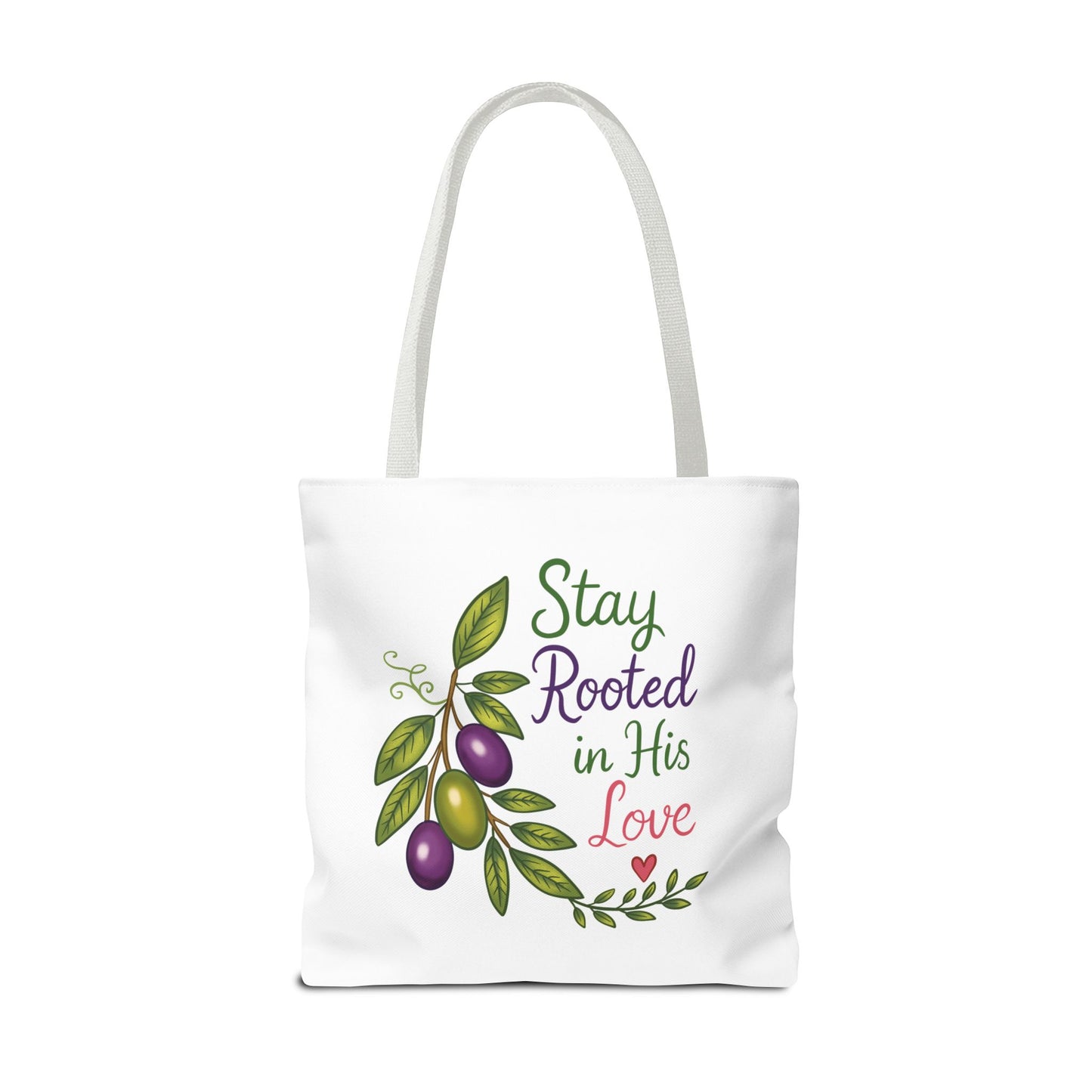 Stay Rooted in His Love Tote Bag — Faith-Based Olive Branch Canvas Tote
