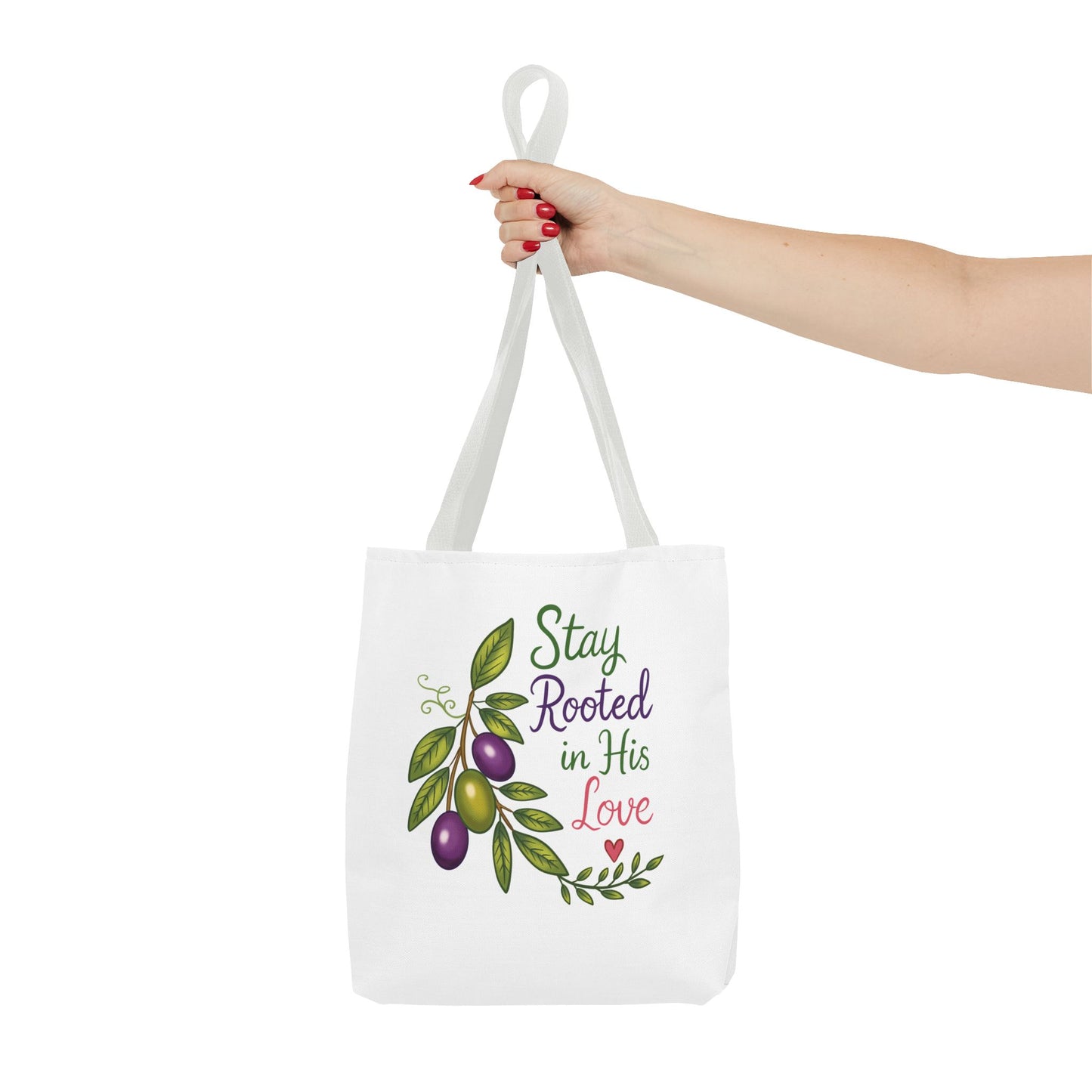 Stay Rooted in His Love Tote Bag — Faith-Based Olive Branch Canvas Tote