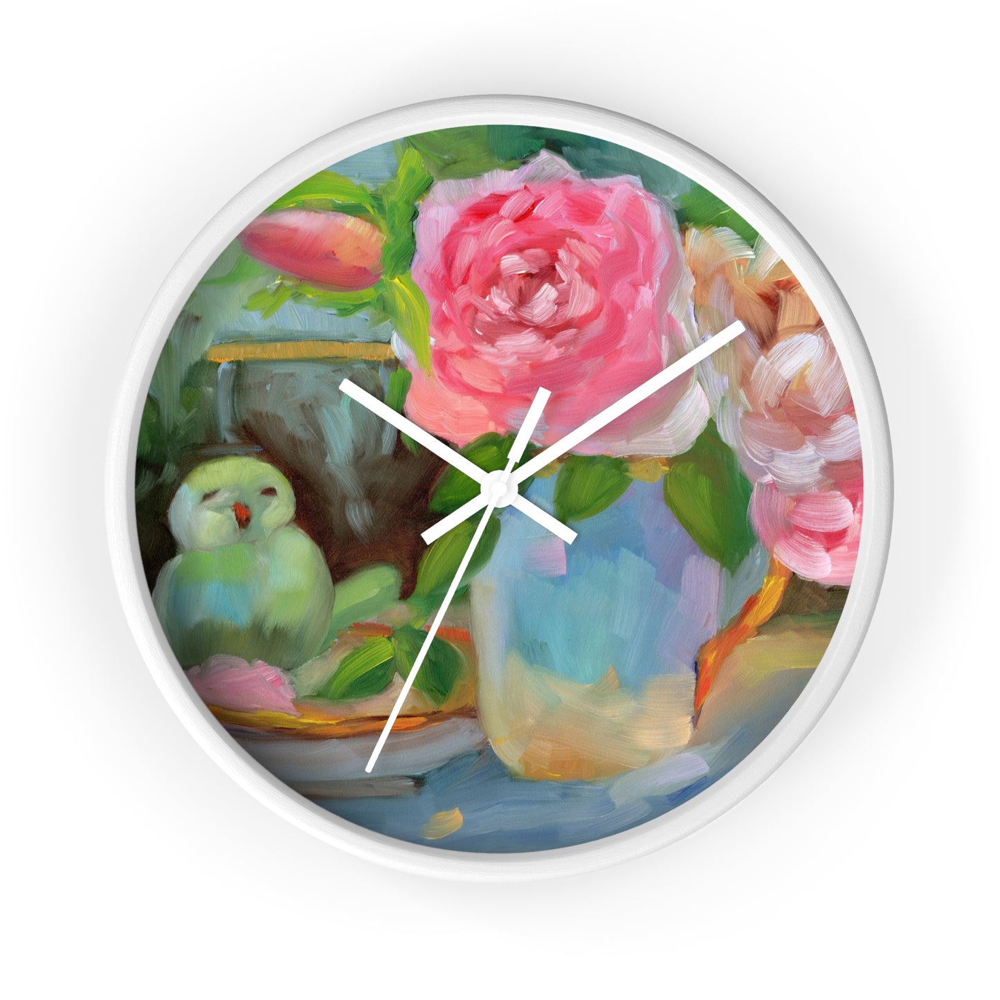 Floral Parrot Wall Clock — Pink Roses & Bird Still Life Home Decor