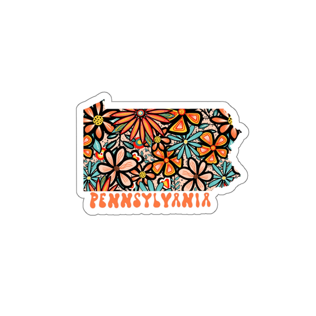 Pennsylvania State Sticker | Vinyl Artist Designed Illustration Featuring Pennsylvania State Filled With Retro Flowers with Retro Hand-Lettering Die-Cut Stickers